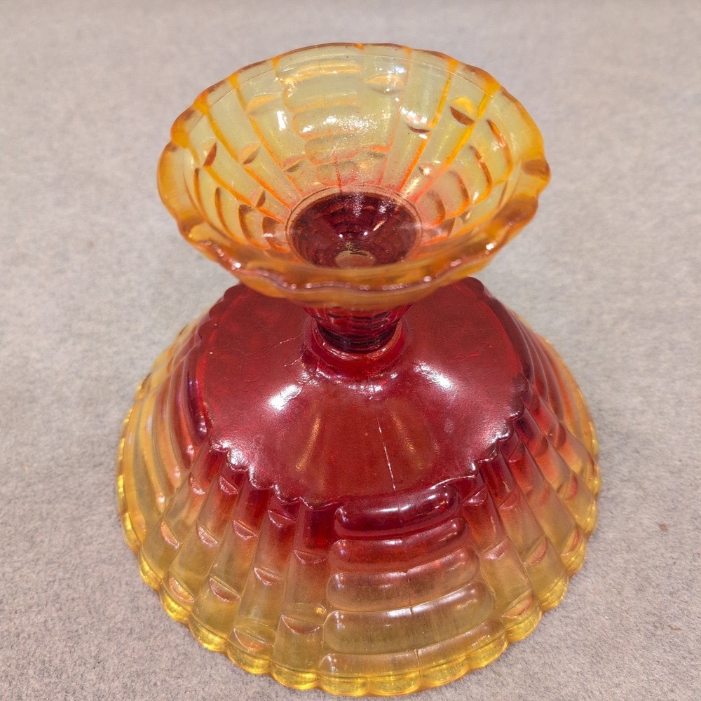 Vintage Amberina Glass Basketweave Compote Footed Candy Dish Red Yellow Scallop - Picture 7 of 7